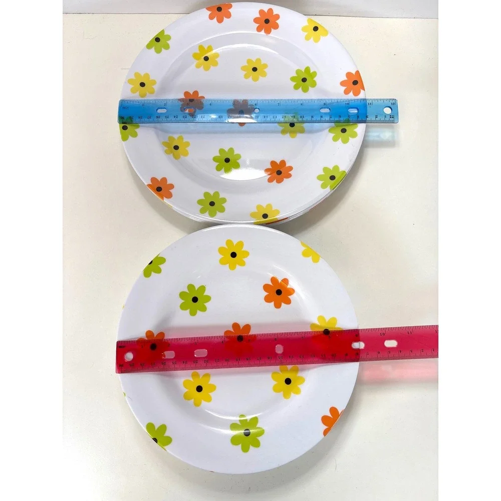 VTG Style Melamine Floral Plate Set 10pc Retro Orange Green Yellow Flower Set